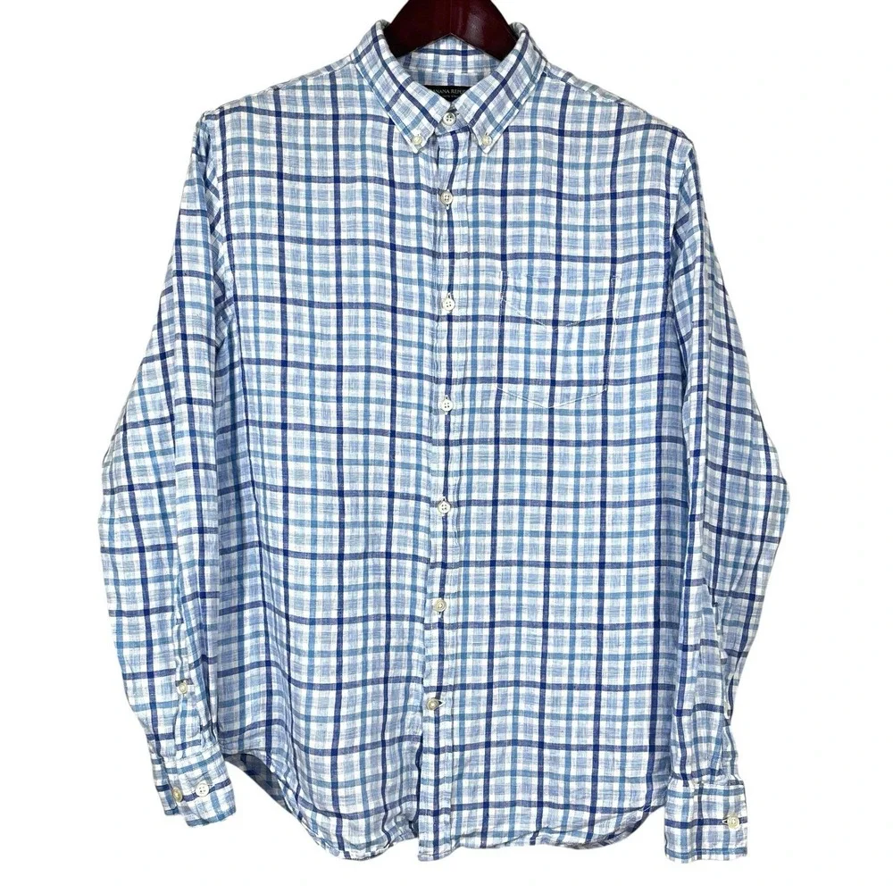 Banana Republic Camden Linen Shirt Mens M Standard Fit Blue Plaid Long Sleeve